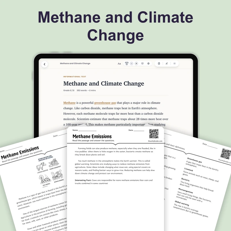 Methane Emissions — science — reading comprehension for Grade 6, Grade 7, Grade 8, page 1 of 4