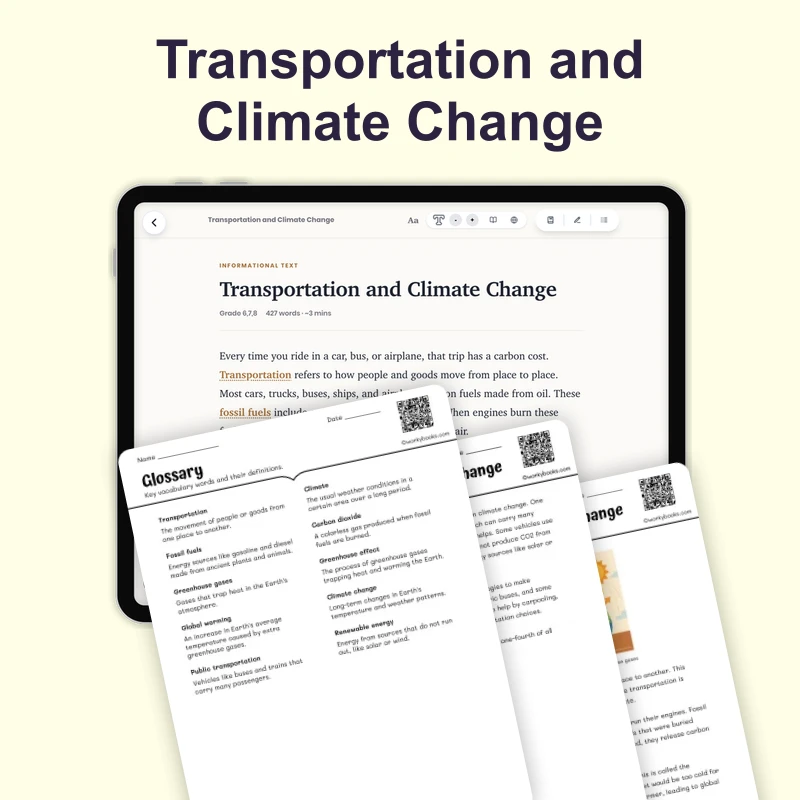 Transportation and Climate Change — science — reading comprehension for Grade 6, Grade 7, Grade 8, page 1 of 4