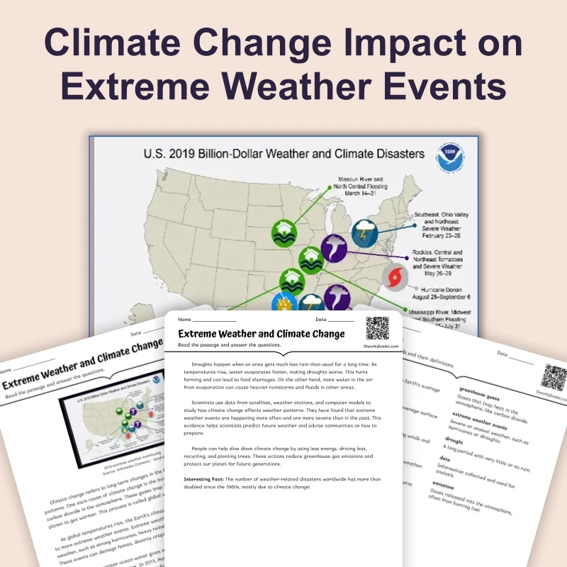 Extreme Weather and Climate Change — science — reading comprehension for Grade 6, Grade 7, Grade 8, page 1 of 4