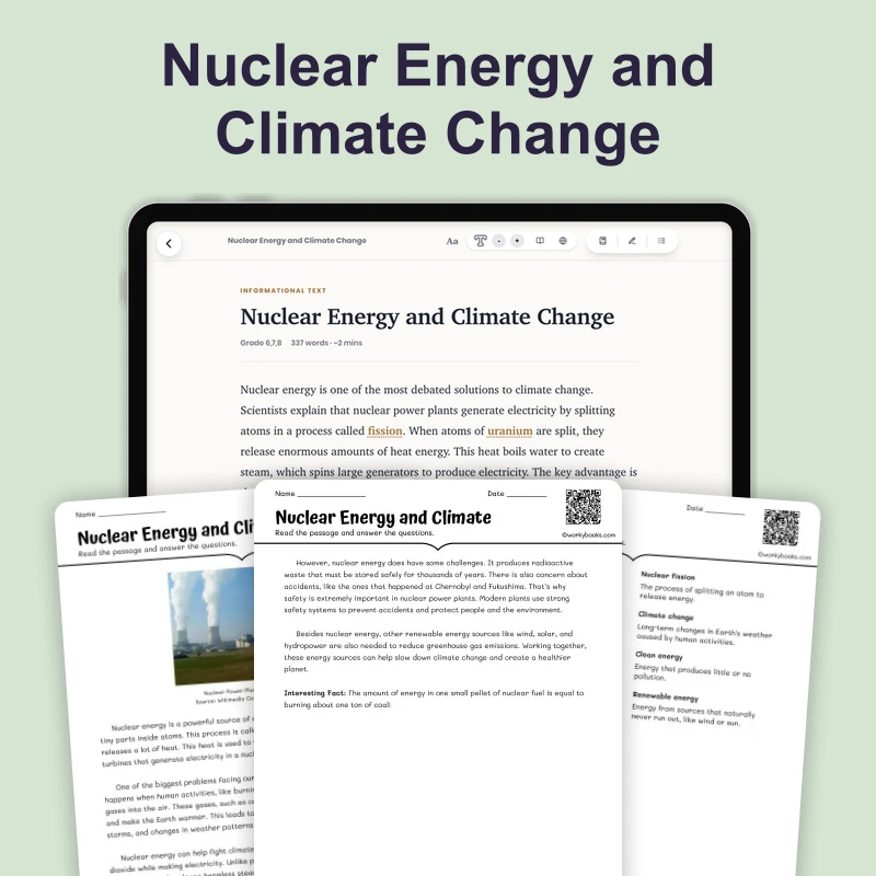 Nuclear Energy and Climate — science — reading comprehension for Grade 6, Grade 7, Grade 8, page 1 of 4