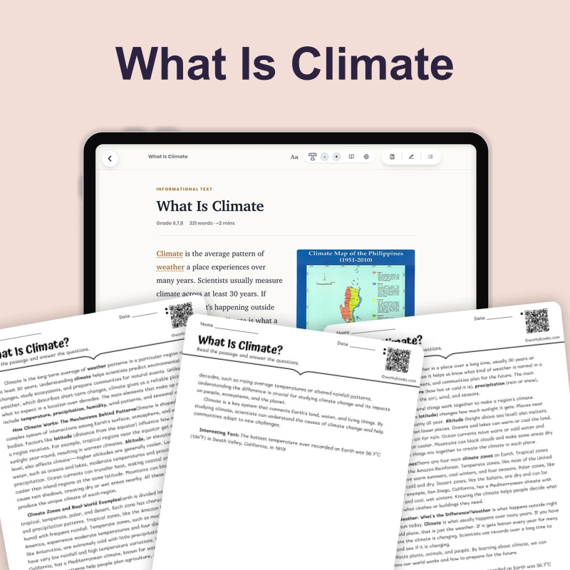 What Is Climate — science — reading comprehension for Grade 5, Grade 6, Grade 7, Grade 8, page 1 of 4