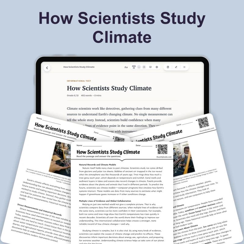 How Scientists Study Climate — science — reading comprehension for Grade 5, Grade 6, Grade 7, Grade 8, page 1 of 4