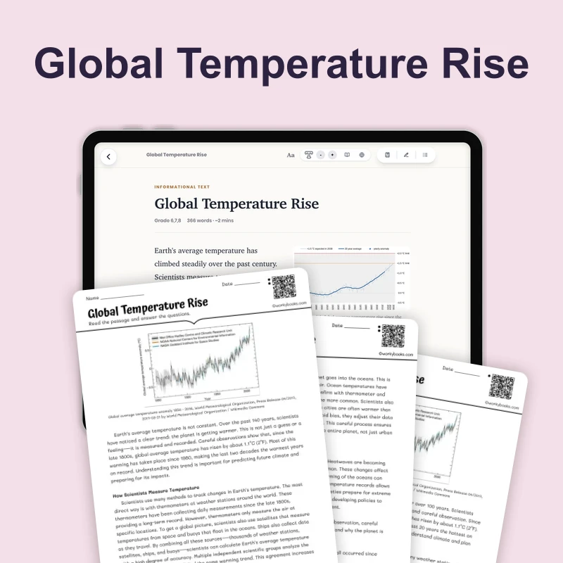 Global Temperature Rise — science — reading comprehension for Grade 5, Grade 6, Grade 7, Grade 8, page 1 of 4
