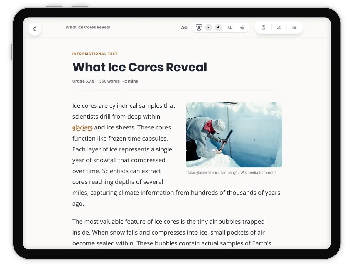 What Ice Cores Reveal — science — reading comprehension for Grade 5, Grade 6, Grade 7, Grade 8, page 1 of 4