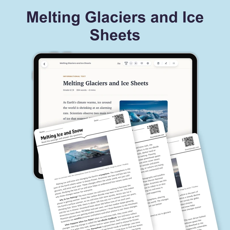 Melting Glaciers and Ice Sheets — science — reading comprehension for Grade 5, Grade 6, Grade 7, Grade 8, page 1 of 4