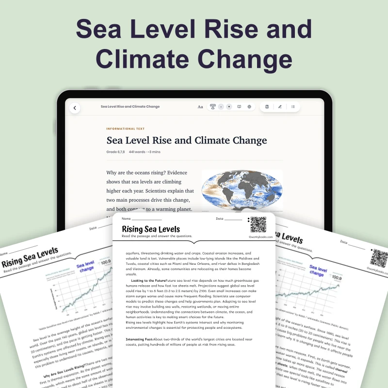 Sea Level Rise and Climate Change — science — reading comprehension for Grade 5, Grade 6, Grade 7, Grade 8, page 1 of 4
