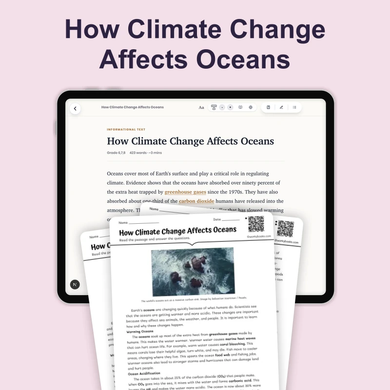 How Climate Change Affects Oceans — science — reading comprehension for Grade 5, Grade 6, Grade 7, Grade 8, page 1 of 4