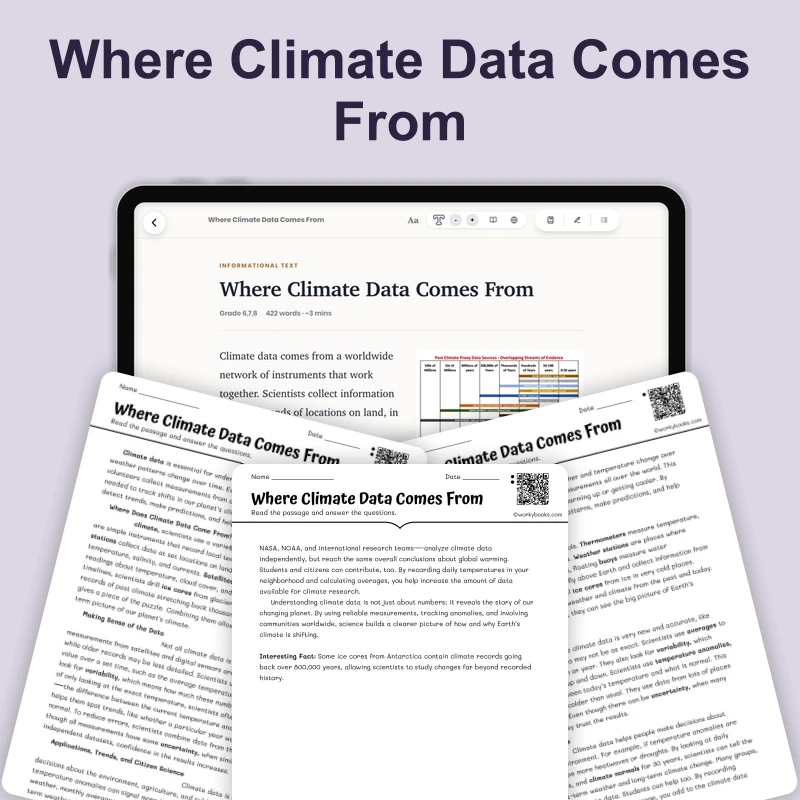 Where Climate Data Comes From — science — reading comprehension for Grade 5, Grade 6, Grade 7, Grade 8, page 1 of 4