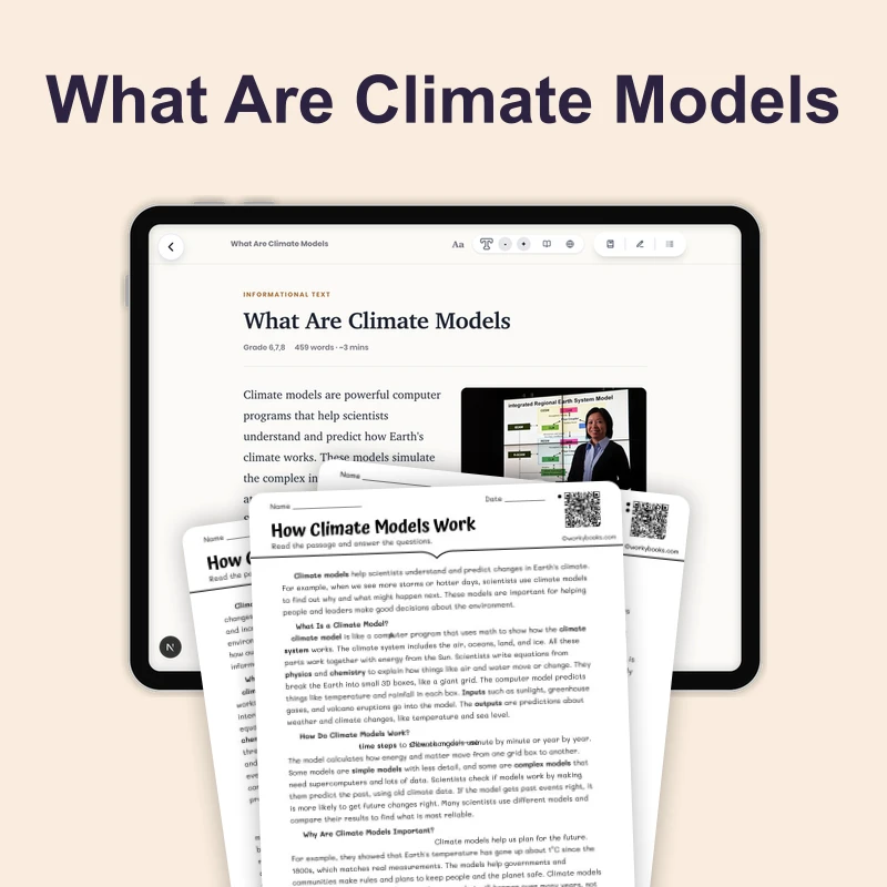 What Are Climate Models — science — reading comprehension for Grade 5, Grade 6, Grade 7, Grade 8, page 1 of 4