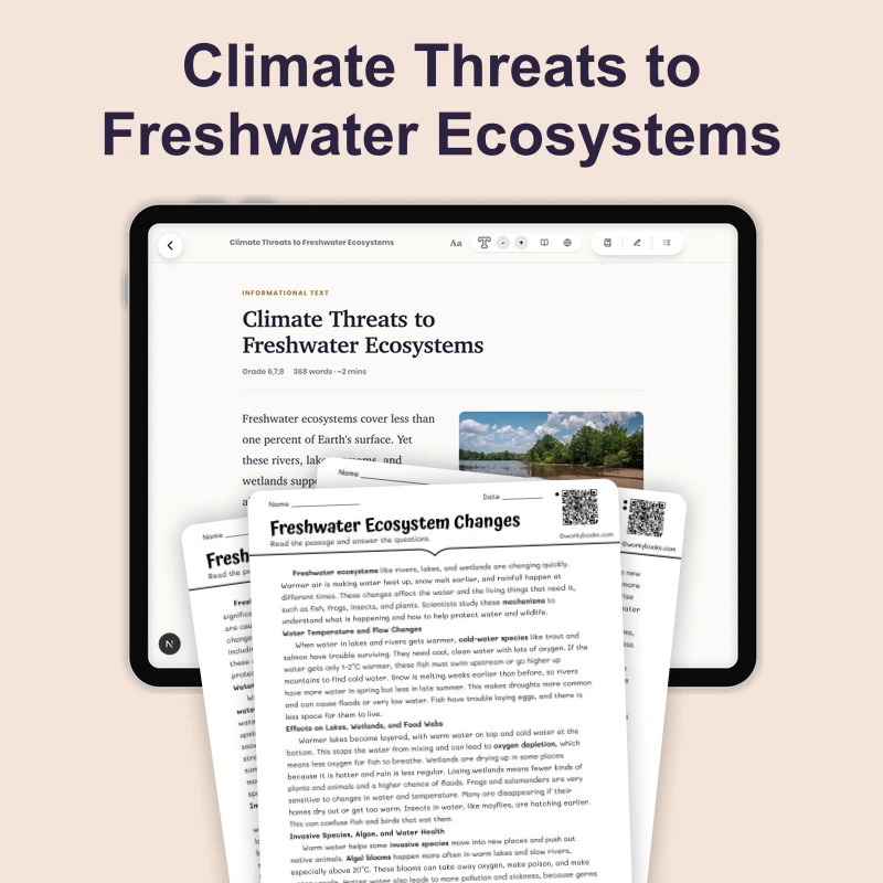 Climate Threats to Freshwater Ecosystem — science — reading comprehension for Grade 5, Grade 6, Grade 7, Grade 8, page 1 of 4