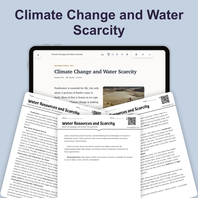 Climate Change and Water Scarcity — science — reading comprehension for Grade 5, Grade 6, Grade 7, Grade 8, page 1 of 4