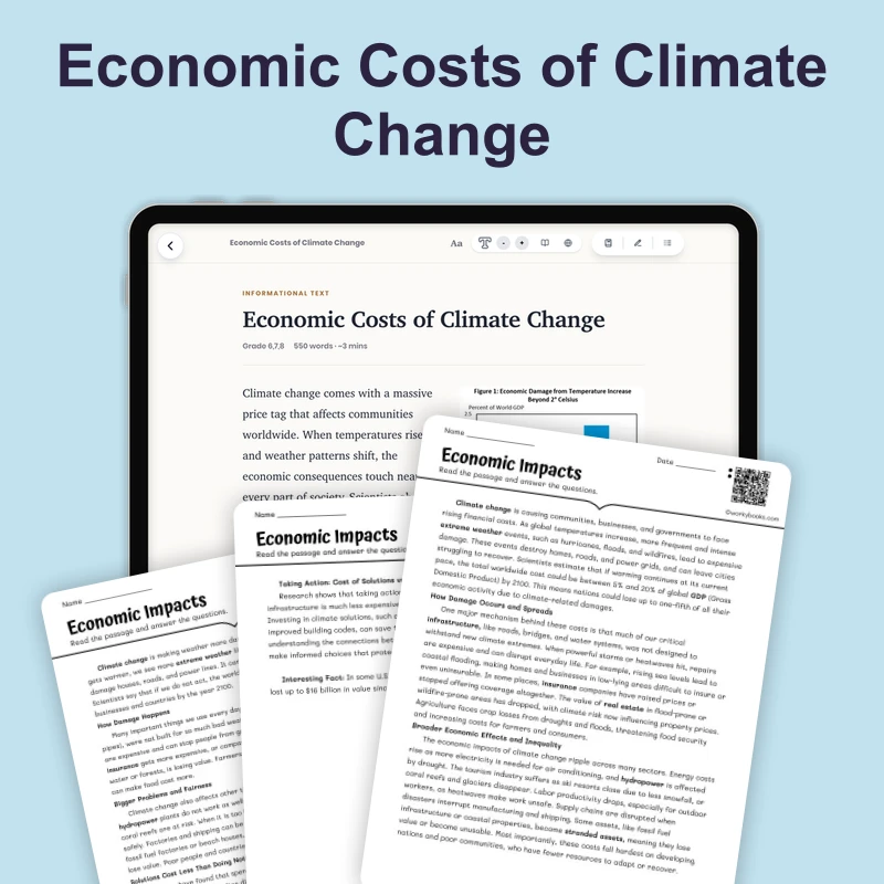 Economic Costs of Climate Change — science — reading comprehension for Grade 5, Grade 6, Grade 7, Grade 8, page 1 of 4