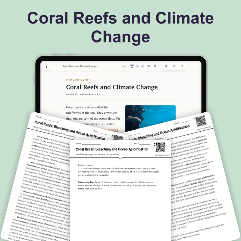 Coral Reefs and Climate Change — science — reading comprehension for Grade 5, Grade 6, Grade 7, Grade 8, page 1 of 4