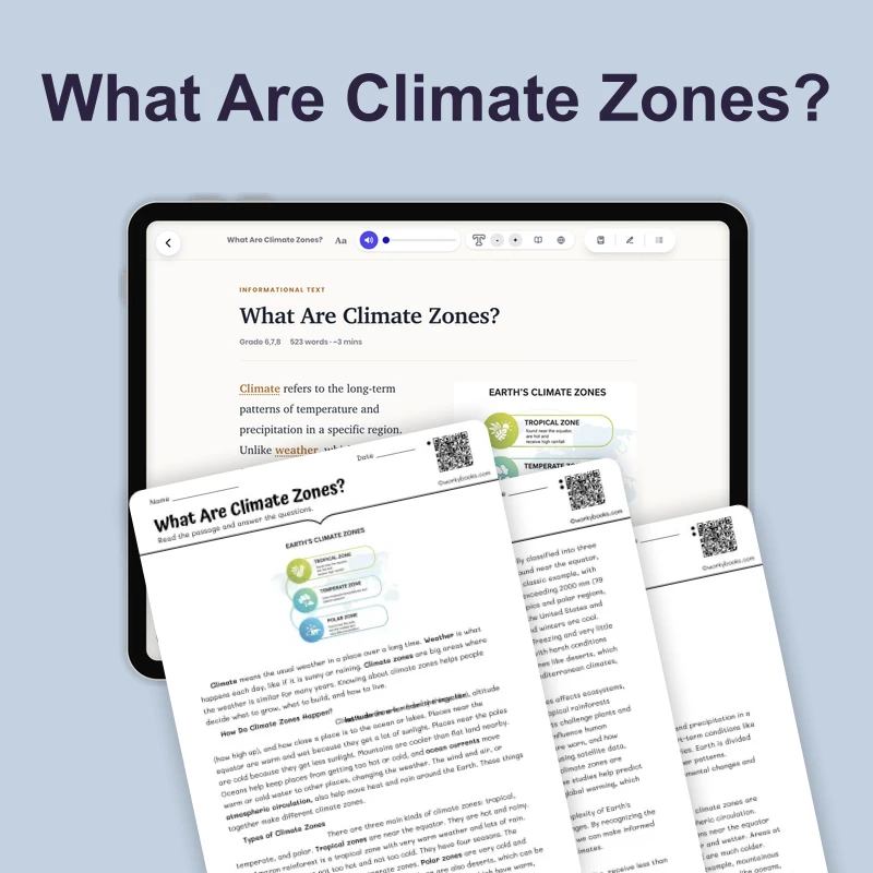 What Are Climate Zones — science — reading comprehension for Grade 5, Grade 6, Grade 7, Grade 8, page 1 of 4