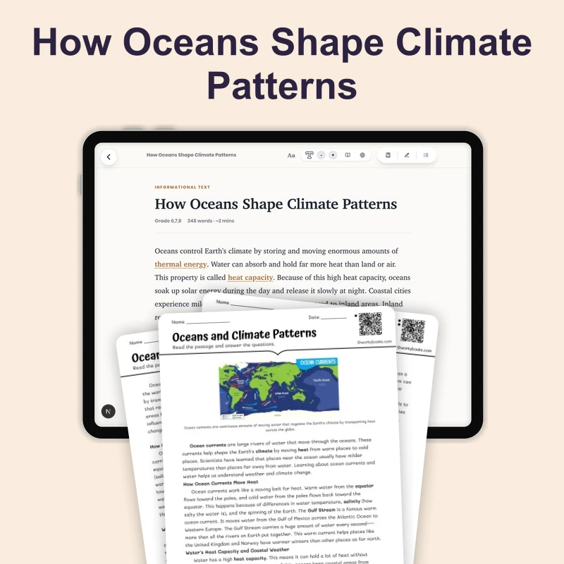 Oceans and Climate Patterns — science — reading comprehension for Grade 5, Grade 6, Grade 7, Grade 8, page 1 of 4