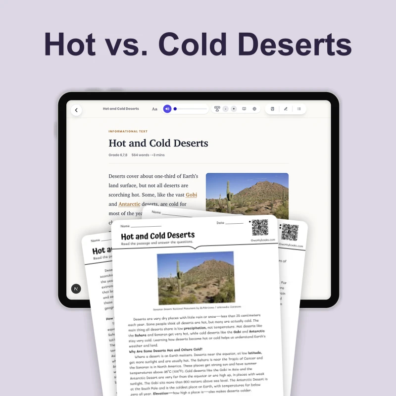 Hot and Cold Deserts — science — reading comprehension for Grade 5, Grade 6, Grade 7, Grade 8, page 1 of 4