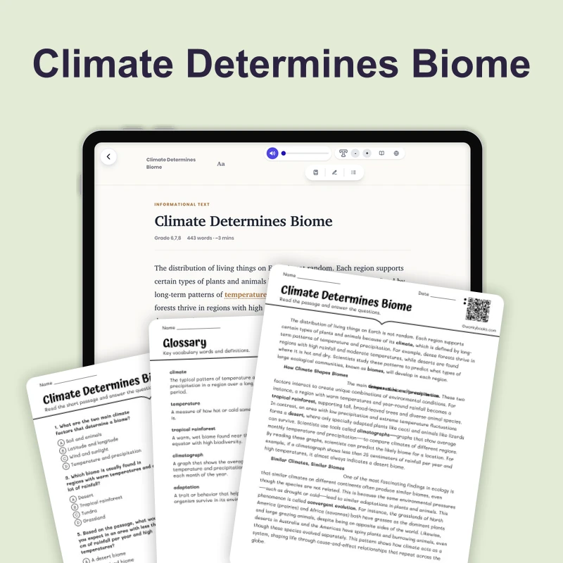 How Climate Shapes Biomes — science — reading comprehension for Grade 5, Grade 6, Grade 7, Grade 8, page 1 of 1