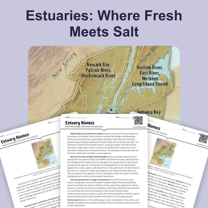 What Are Estuaries — science — reading comprehension for Grade 5, Grade 6, Grade 7, Grade 8, page 1 of 4