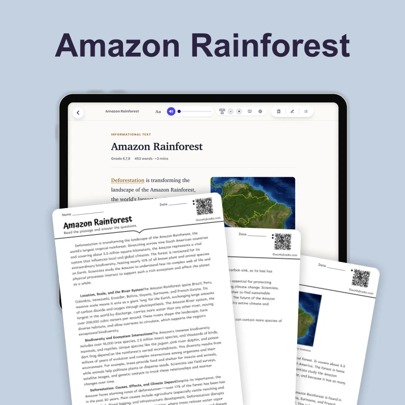 The Amazon Rainforest — science — reading comprehension for Grade 5, Grade 6, Grade 7, Grade 8, page 1 of 4