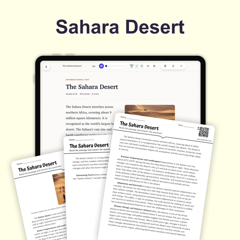 The Sahara Desert — science — reading comprehension for Grade 5, Grade 6, Grade 7, Grade 8, page 1 of 4