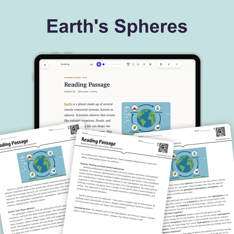 Earth's Spheres — science — reading comprehension for Grade 5, Grade 6, Grade 7, Grade 8, page 1 of 4
