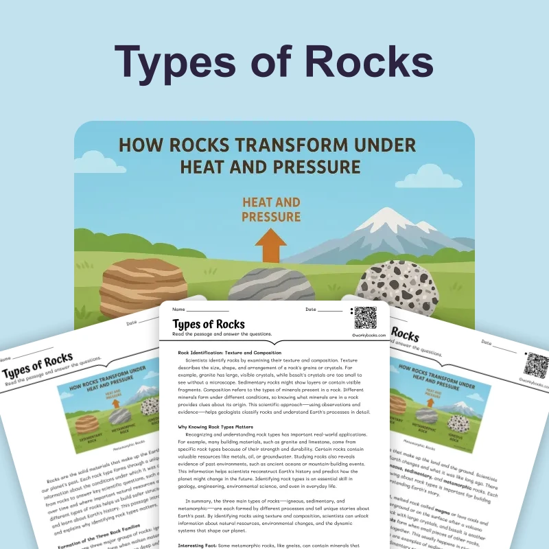 Types of Rocks — science — reading comprehension for Grade 5, Grade 6, Grade 7, Grade 8, page 1 of 4