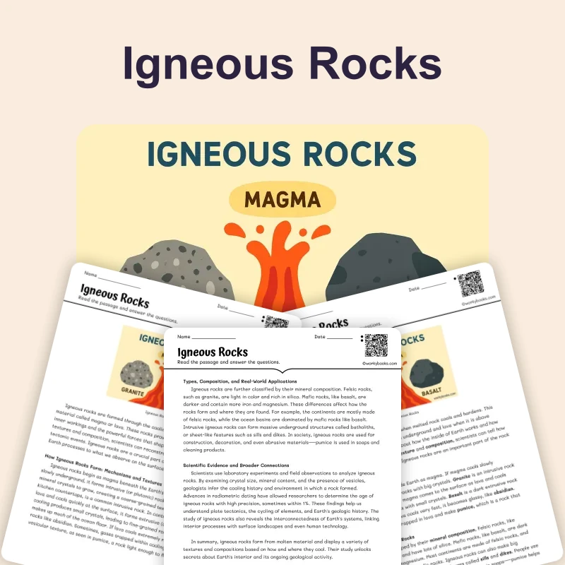 Igneous Rocks — science — reading comprehension for Grade 5, Grade 6, Grade 7, Grade 8, page 1 of 4