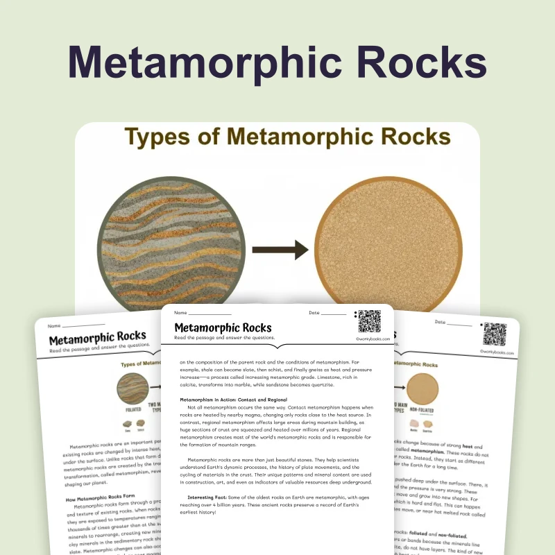 Metamorphic Rocks — science — reading comprehension for Grade 5, Grade 6, Grade 7, Grade 8, page 1 of 4