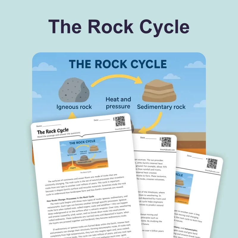 The Rock Cycle — science — reading comprehension for Grade 5, Grade 6, Grade 7, Grade 8, page 1 of 4