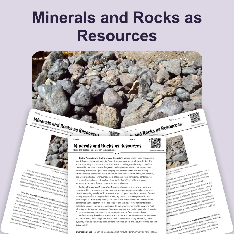 Minerals and Rocks as Resources — science — reading comprehension for Grade 5, Grade 6, Grade 7, Grade 8, page 1 of 4