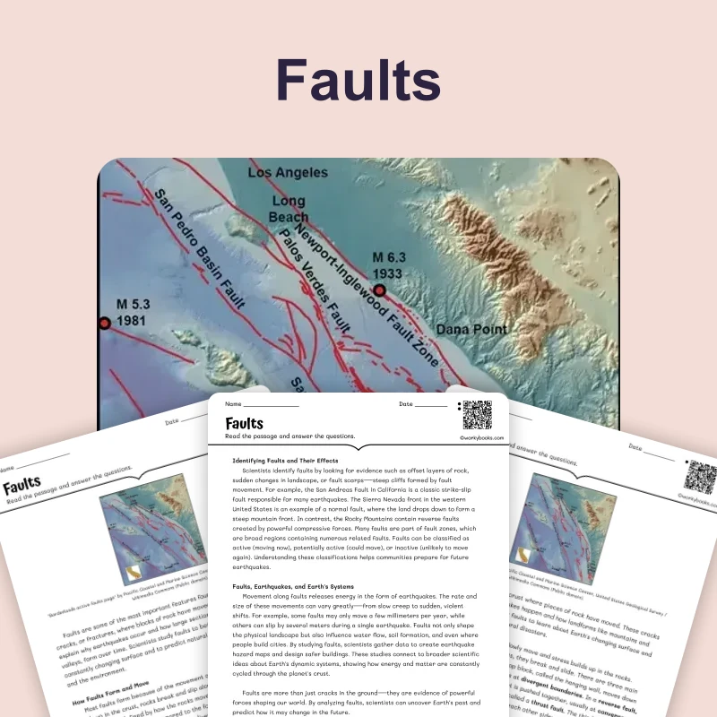 Faults — science — reading comprehension for Grade 5, Grade 6, Grade 7, Grade 8, page 1 of 4