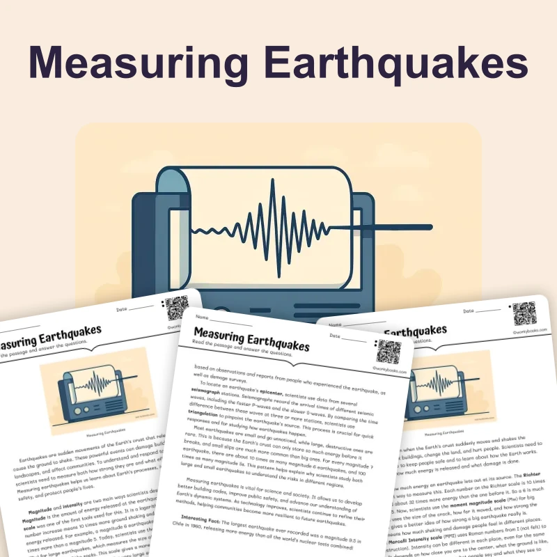 Measuring Earthquakes — science — reading comprehension for Grade 5, Grade 6, Grade 7, Grade 8, page 1 of 4