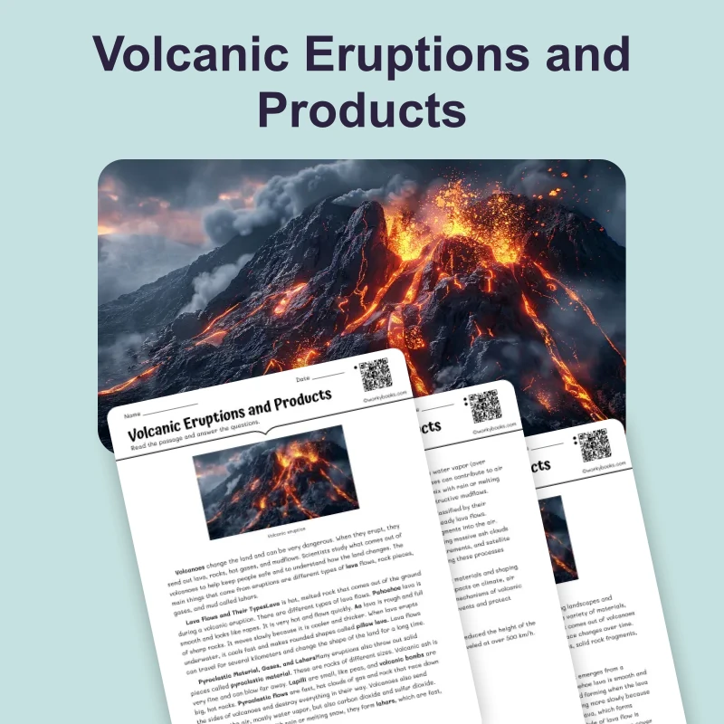 Volcanic Eruptions and Products — science — reading comprehension for Grade 5, Grade 6, Grade 7, Grade 8, page 1 of 4