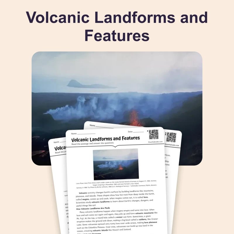 Volcanic Landforms and Features — science — reading comprehension for Grade 5, Grade 6, Grade 7, Grade 8, page 1 of 4