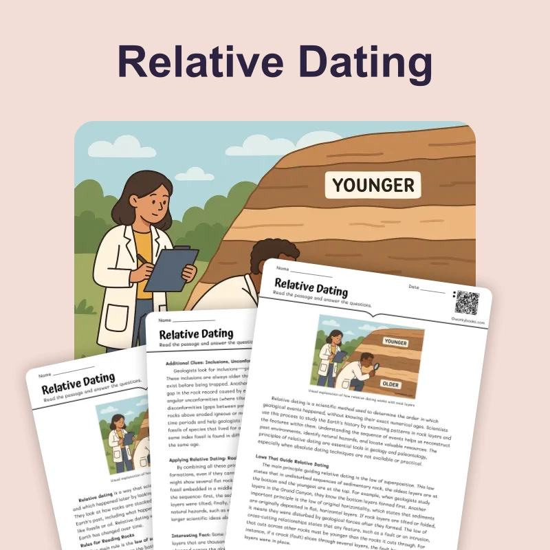 Relative Dating — science — reading comprehension for Grade 5, Grade 6, Grade 7, Grade 8, page 1 of 4