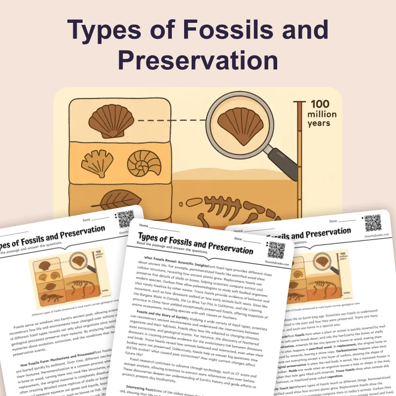 Types of Fossils and Preservation — science — reading comprehension for Grade 5, Grade 6, Grade 7, Grade 8, page 1 of 4