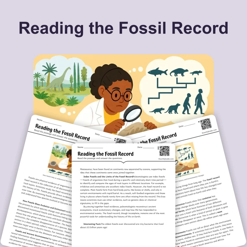 Reading the Fossil Record — science — reading comprehension for Grade 5, Grade 6, Grade 7, Grade 8, page 1 of 4