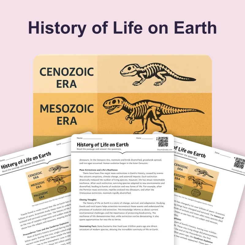 History of Life on Earth — science — reading comprehension for Grade 5, Grade 6, Grade 7, Grade 8, page 1 of 4