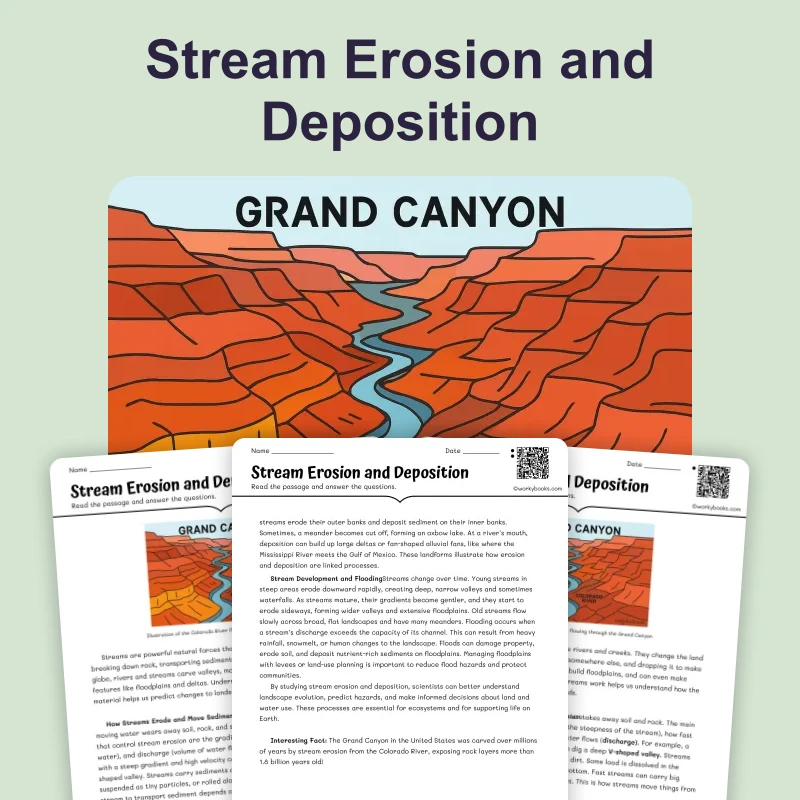 Stream Erosion and Deposition — science — reading comprehension for Grade 5, Grade 6, Grade 7, Grade 8, page 1 of 4