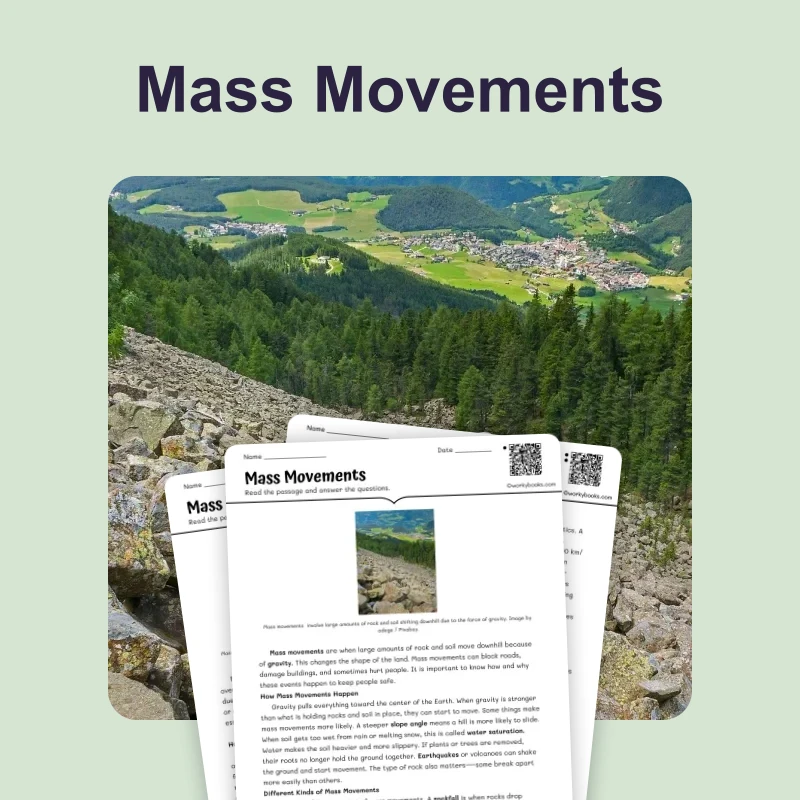 Mass Movements — science — reading comprehension for Grade 5, Grade 6, Grade 7, Grade 8, page 1 of 4