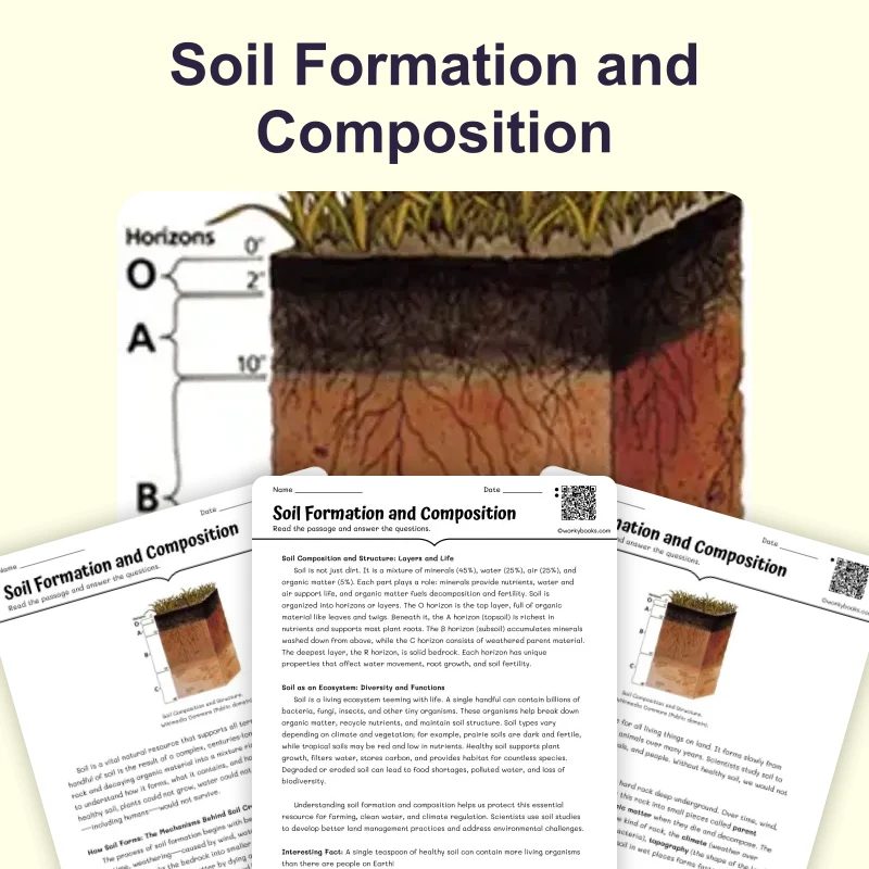 Soil Formation and Composition — science — reading comprehension for Grade 5, Grade 6, Grade 7, Grade 8, page 1 of 4