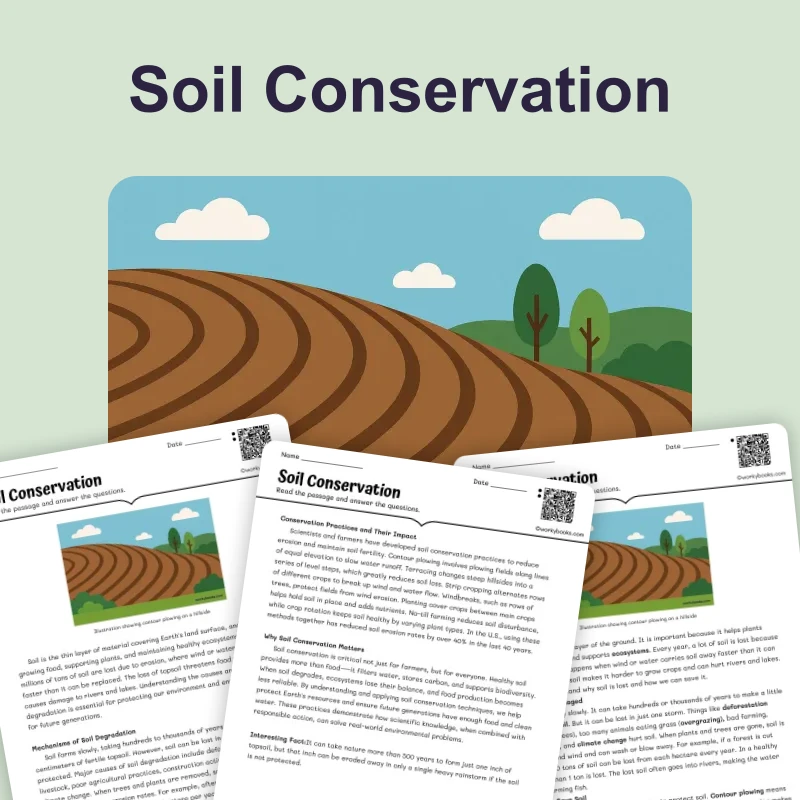 Soil Conservation — science — reading comprehension for Grade 5, Grade 6, Grade 7, Grade 8, page 1 of 4