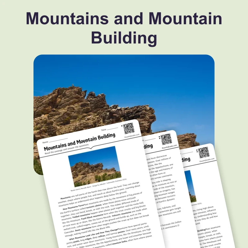 Mountains and Mountain Building — science — reading comprehension for Grade 5, Grade 6, Grade 7, Grade 8, page 1 of 4