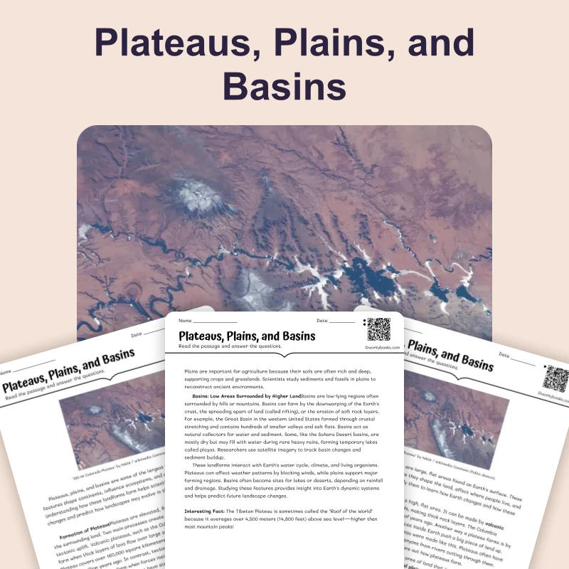 Plateaus, Plains, and Basins — science — reading comprehension for Grade 5, Grade 6, Grade 7, Grade 8, page 1 of 4