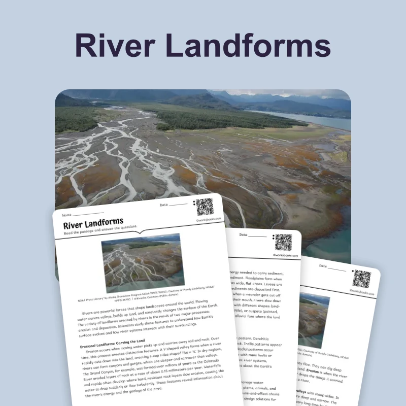 River Landforms — science — reading comprehension for Grade 5, Grade 6, Grade 7, Grade 8, page 1 of 4