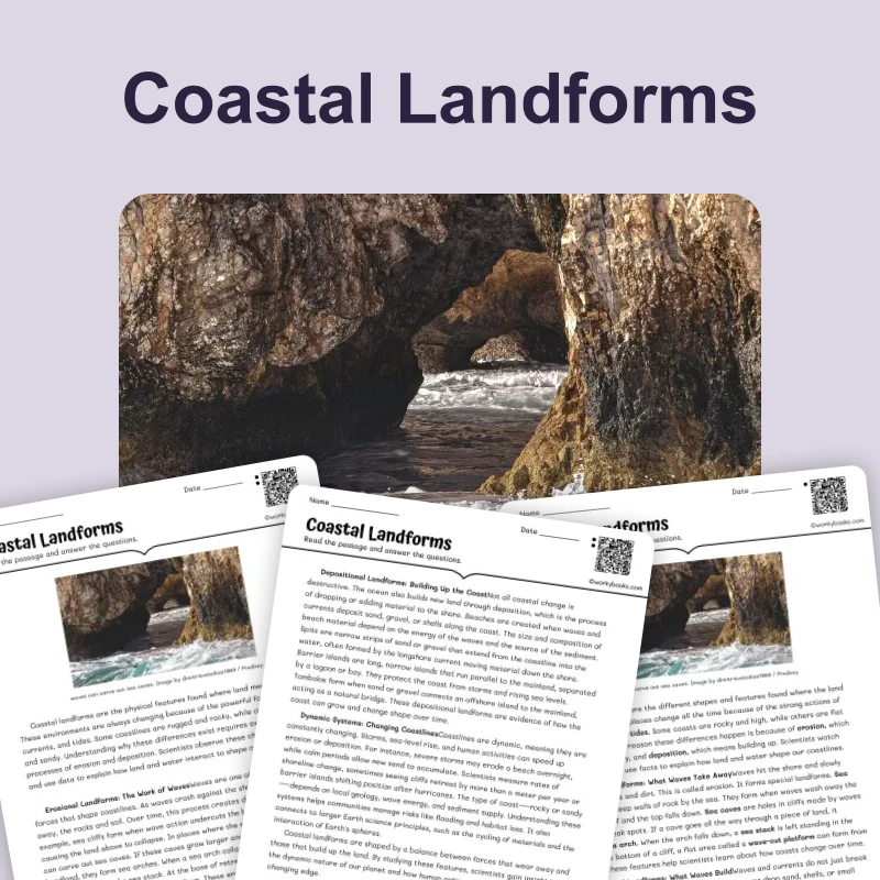 Coastal Landforms — science — reading comprehension for Grade 5, Grade 6, Grade 7, Grade 8, page 1 of 4