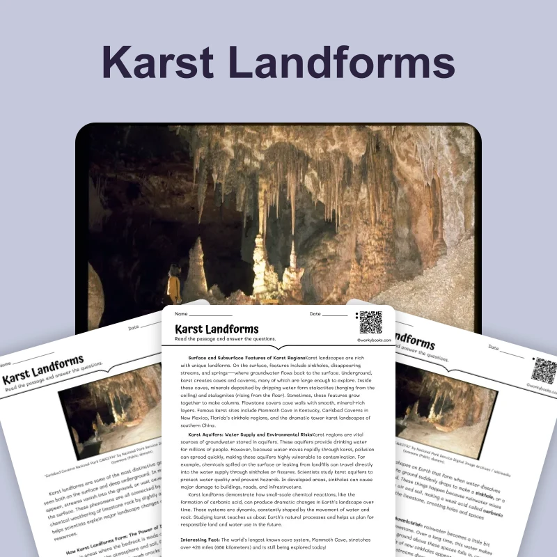 Karst Landforms — science — reading comprehension for Grade 5, Grade 6, Grade 7, Grade 8, page 1 of 4