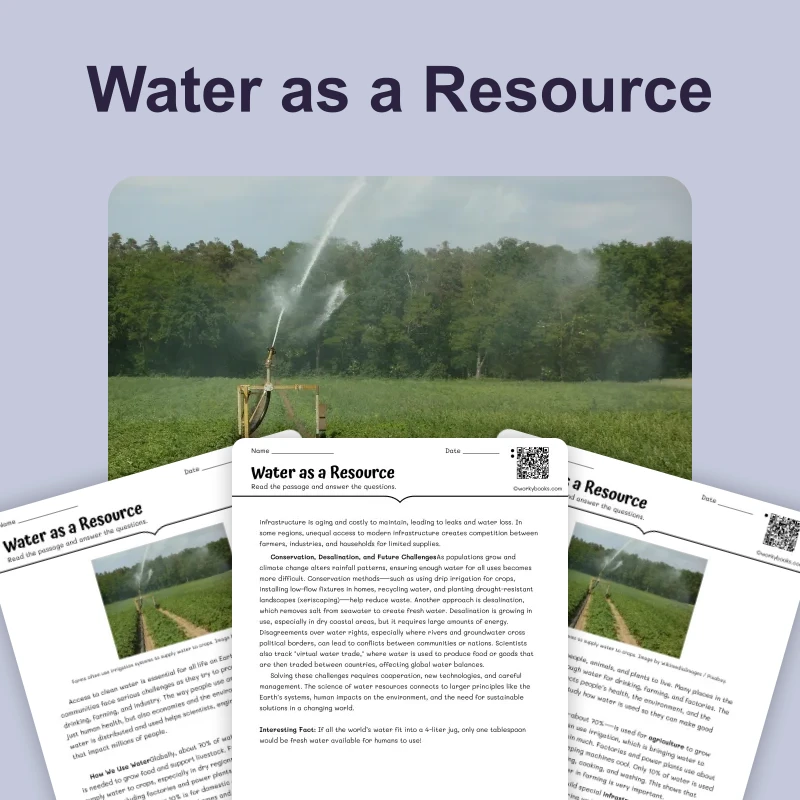 Water as a Resource — science — reading comprehension for Grade 5, Grade 6, Grade 7, Grade 8, page 1 of 4