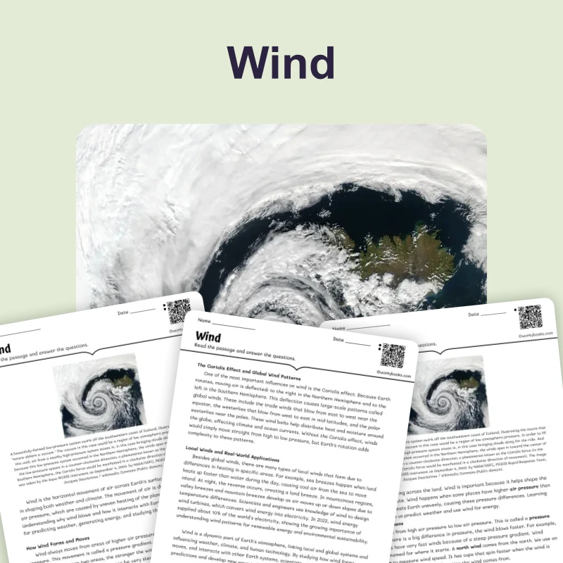 Wind — science — reading comprehension for Grade 5, Grade 6, Grade 7, Grade 8, page 1 of 4