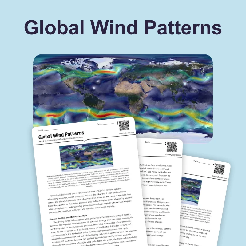 Global Wind Patterns — science — reading comprehension for Grade 5, Grade 6, Grade 7, Grade 8, page 1 of 4